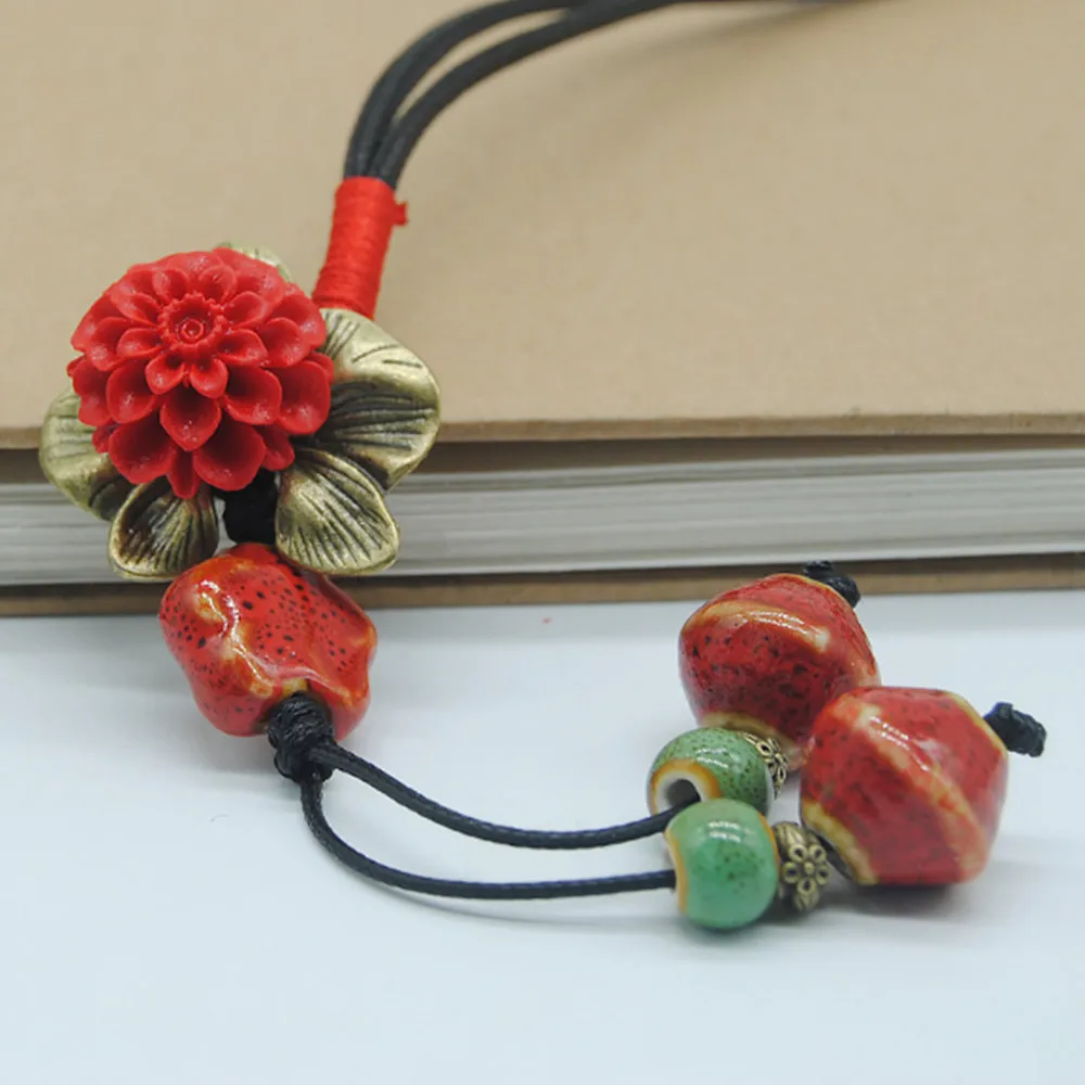 Ретро этнический стиль ручной работы Керамические цветы кулон свитер цепь
