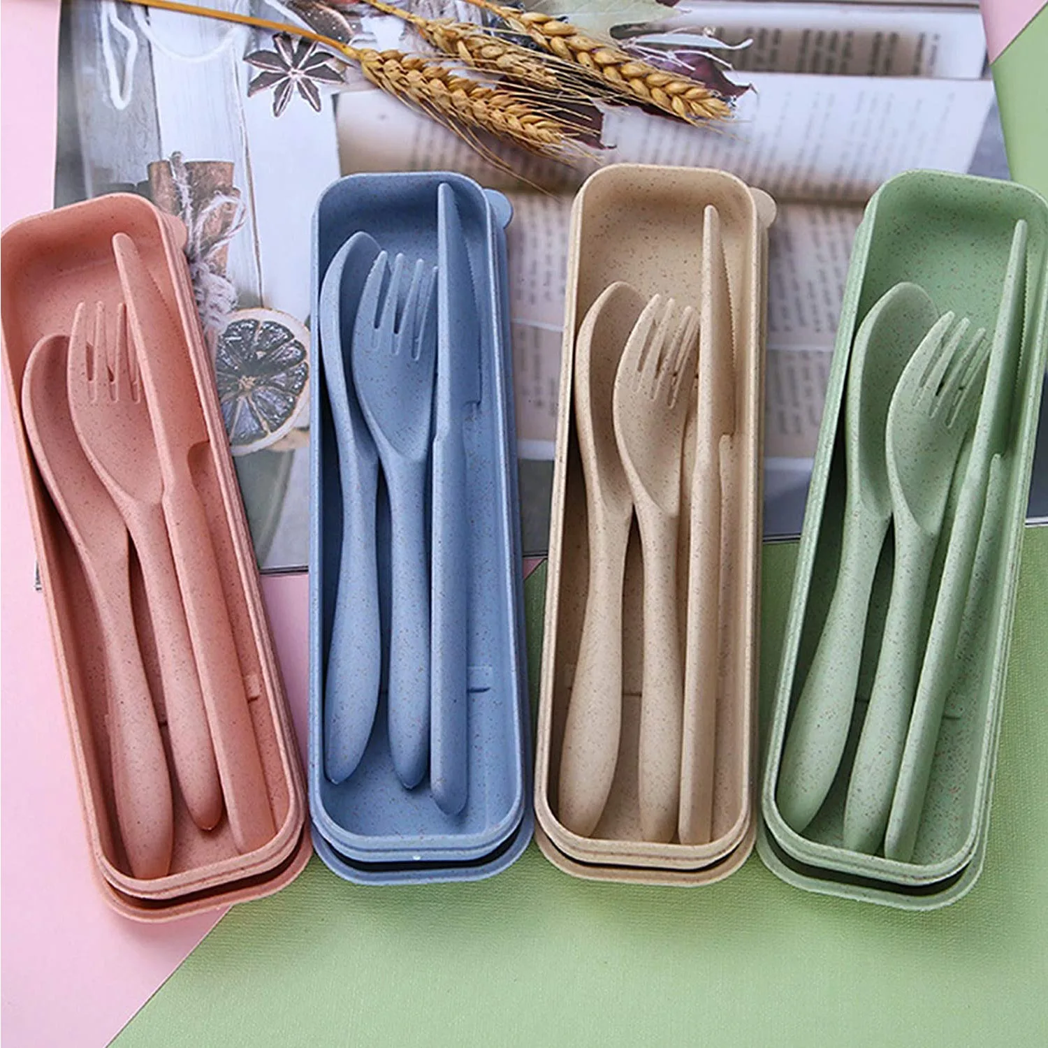 

Набор столовых приборов BalleenShiny из трех предметов, комплект из 4 портативных пластиковых ножей, вилок, ложек, пшеничной соломы, для студентов,...