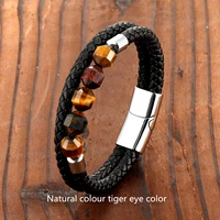 2021 new 10mm cut corner natural tigers eye energy bracelet sweet and romantic couple double layer leather rope 316 stainless s