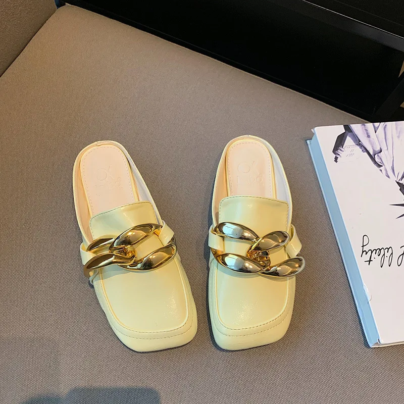 

Slippers Casual Shoes Woman 2021 Low Rivet Pantofle Cover Toe Luxury New Flat Fabric Rubber PU Metal Decoration Slides Scandals