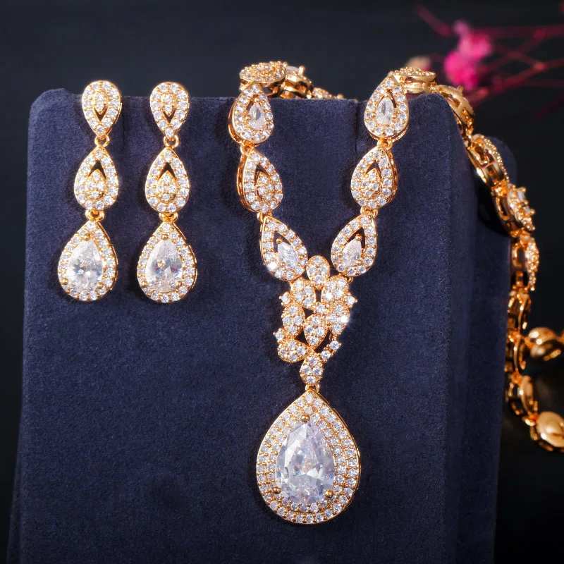 

CWWZircons Gorgeous Water Drop Cubic Zirconia 585 Gold Color Women Party Wedding Necklace Earrings Luxury Bride Jewelry Set T405
