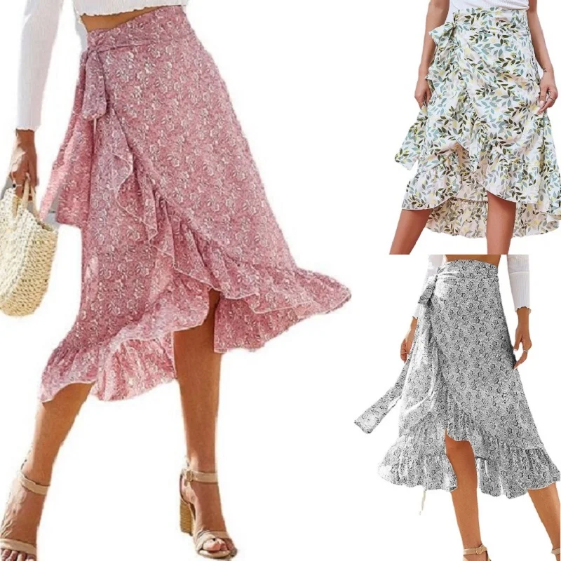 

Women Summer Chiffon Skirts Ladies High Waist Bandage Irregular Flower Printing Split Wrap Midi Skirt Faldas largas mujer