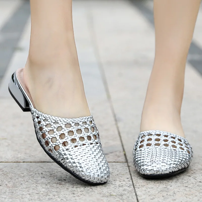 

Women Slippers Summer Mules Mesh Hollow Loafers Slip-on Designer Shoes Low Heel