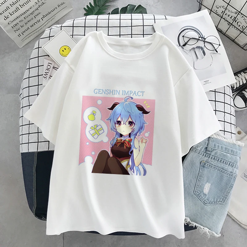

2021 Summer Woman Female TShirt Game Ganyu Genshin Impact Kawaii Anime Graphic Clothes Harajuku Casual Plus Size Unisex Top Tee