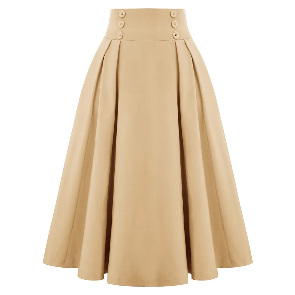 

Belle Poque Ladies Dress Pleated Swing Skirt Buttons Decor Elastic Waist High Waist Retro Skirts Steampunk Casual Party Mid Calf