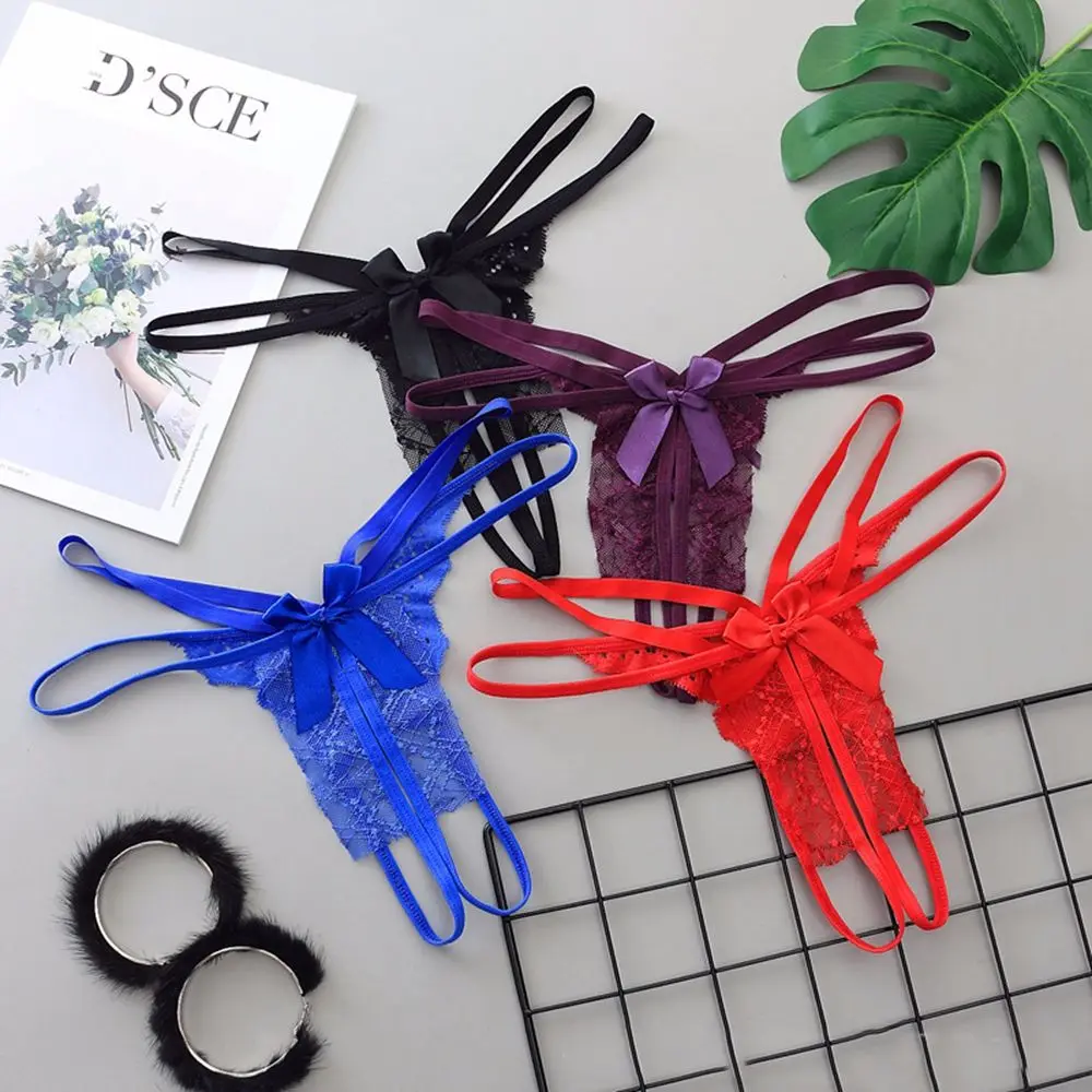 

Women Sexy Hollow Out Printed Lingerie G-String Double Strap Bow Lace Underwear Thong Bandage Low Waist Temptation Panties