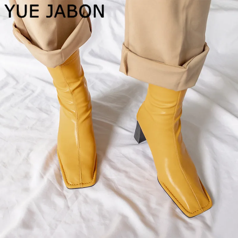 

2020 Autumn New Square Toe Women Ankle Boots Chunky 6cm High Heel Elastic Boot Female Slim Fit Sock Boots Fashion Botas Mujer