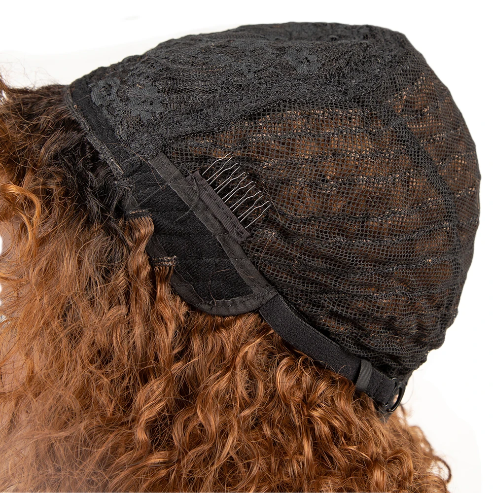 

Afro Kinky Curly Wig With Bangs Black Brown Synthetic Hair Shoulder Length sheep curl wigs For Africa America Black Women