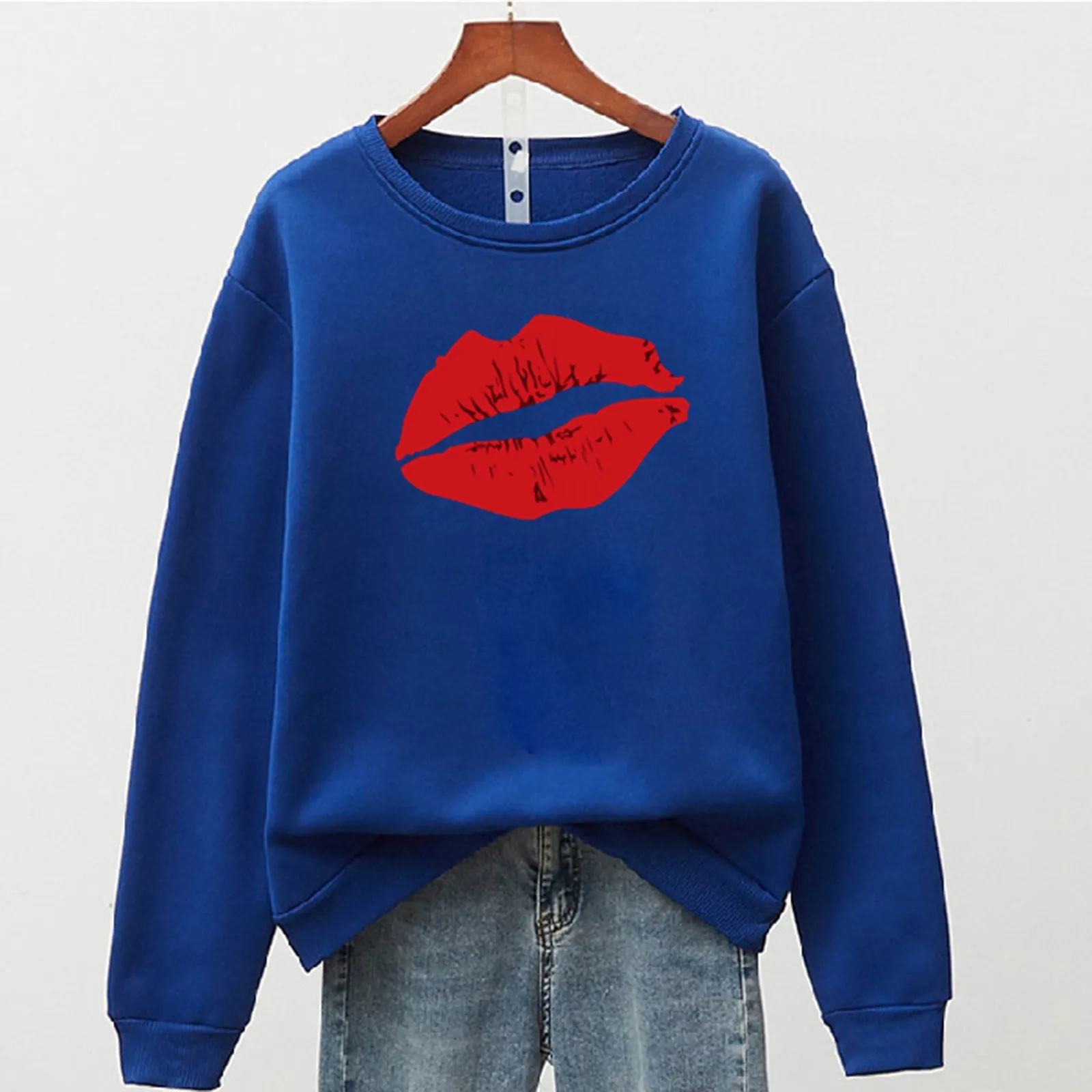 2021 All-matched Chic Korean aesthetic  Women's Casual Long Sleeve O neck Lip Print Pullover Sweatshirt Tops кофта