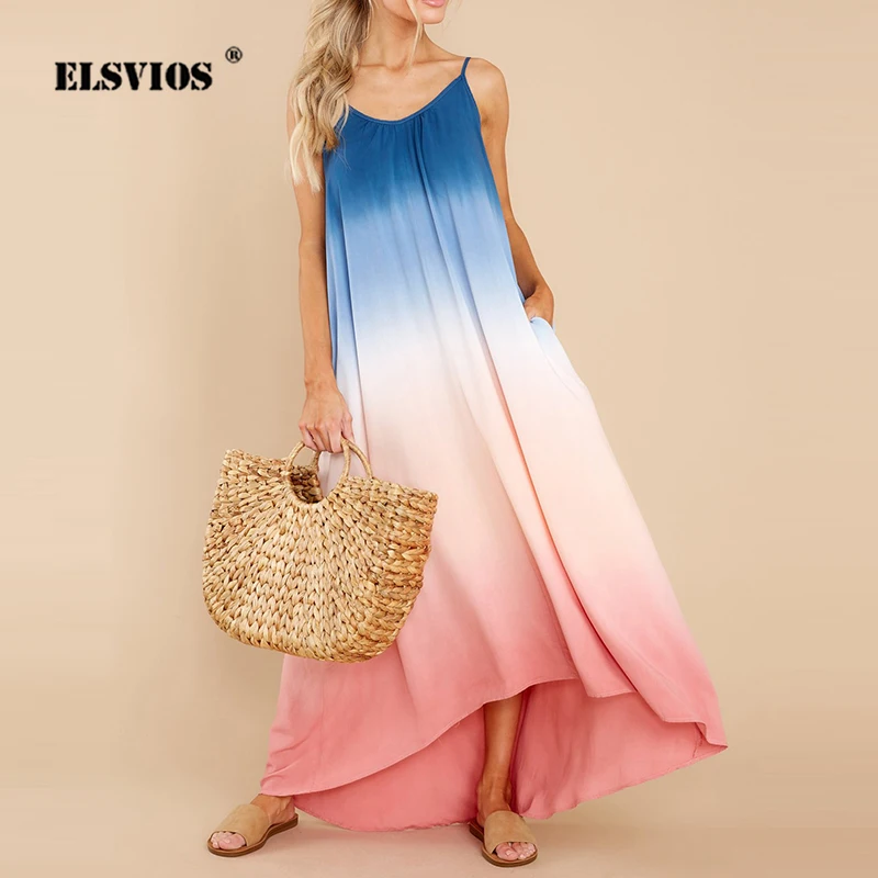 

Tie-Dye Gradient Print Summer Sexy Sling Dress Women Casual Fashion Pocket V-Neck U-Line Backless Loose Long Irregular Beachwear