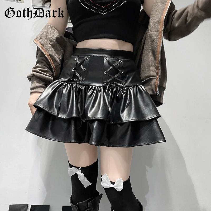 

Goth Dark Bandage Grunge Faux Leather Women Skirts Gothic High Waist Cute Pleated Mini Skirt Punk Patchwork A-line Emo Partywear