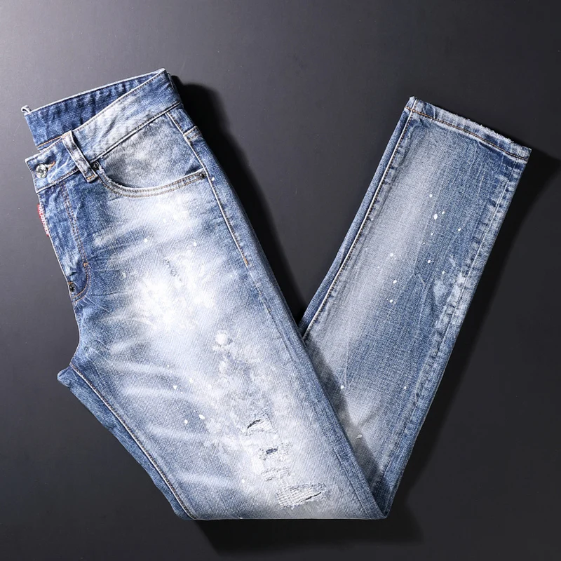 Street Style Fashion Men Jeans Retro Light Blue Elastic Slim Fit Ripped Jeans Men Splashed Designer Hip Hop Plain Denim Pants