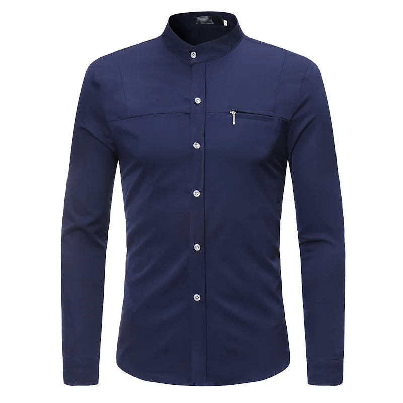 Модные мужские деловые рубашки с воротником-стойкой повседневные однотонные