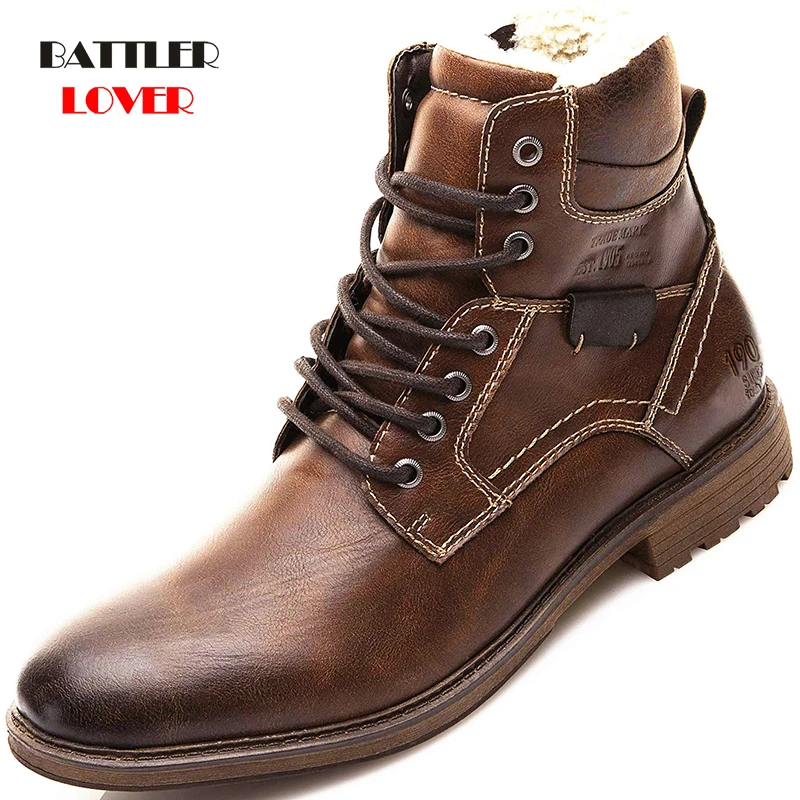 

Men Winter Wool Boots 2020 Lace Up Vintage Plush Keep Warm Ankle Snow Boot for Male Genuine Leather Casual Botas Footwear