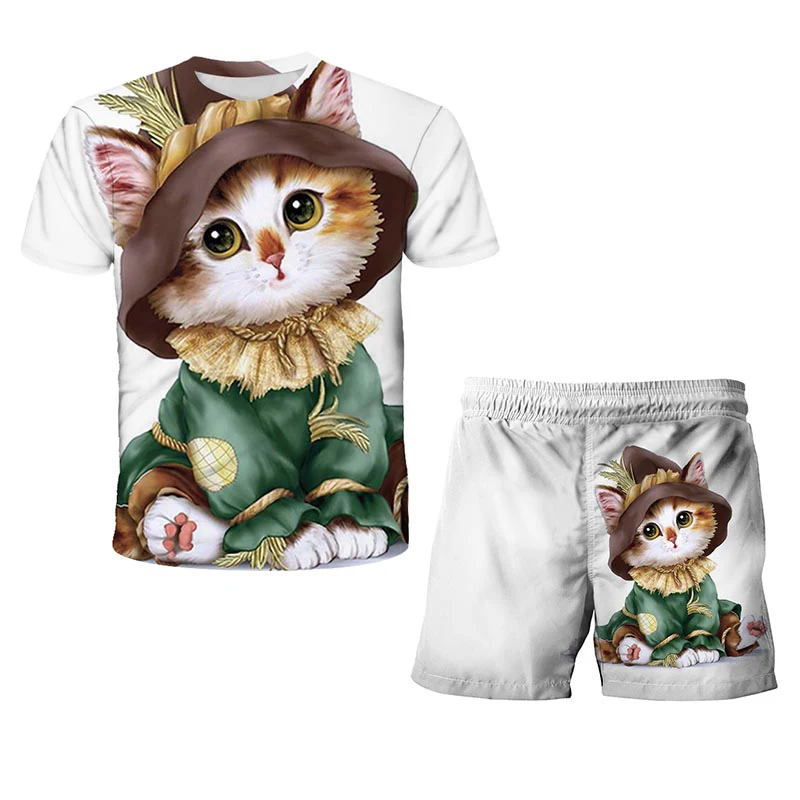 

2021 new fashion children 3D printing clothing cat boy girl cartoon suit summer T-shirt suit children 4-14 years old