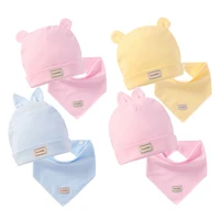 2pcsset cute eslatic headscarf double layer cotton girls boys baby caps with kids bibs set for newborn infant candy color