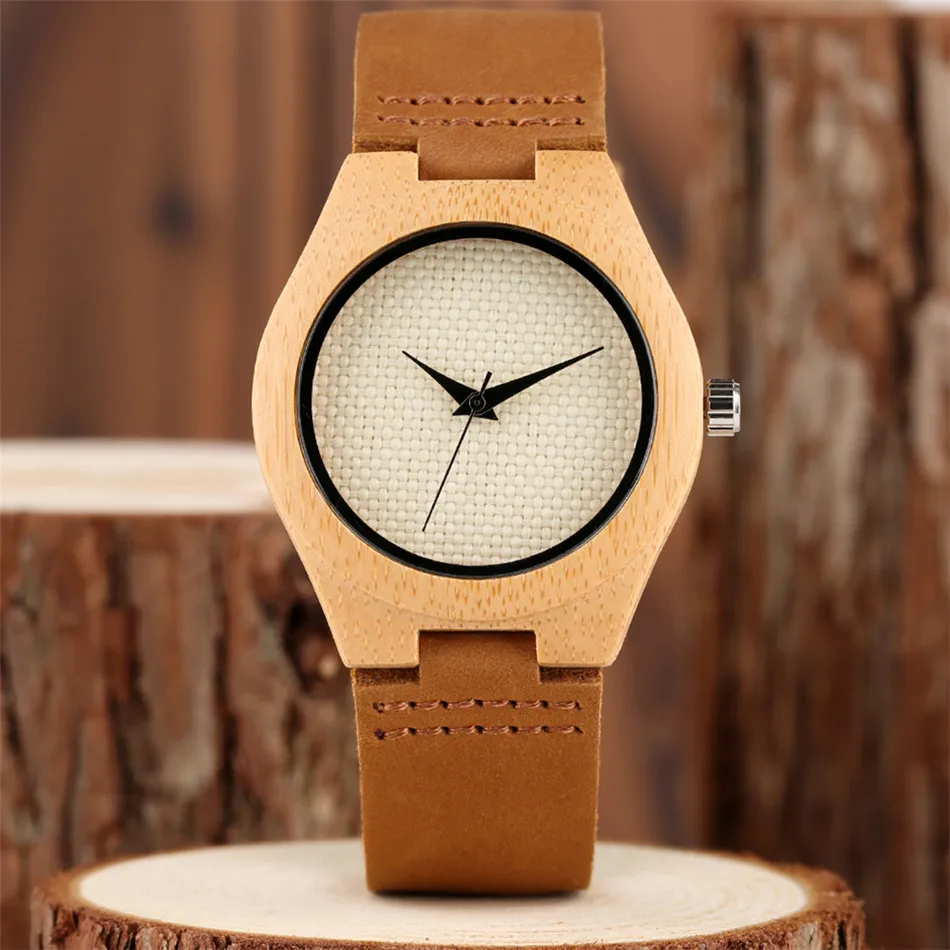 

Женские кварцевые часы с ремешком из натурального бамбука и натуральной кожи