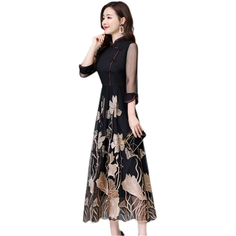 

COIGARSAM Women Long Dress Spring 2021 New Cheongsam Vintage Print Full Sleeve Chiffon O-Neck Yellow Blue Dresses Traf Robe