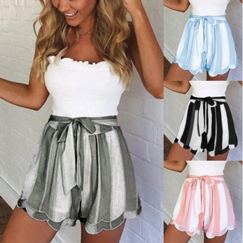

2021 Women's Refreshing Shorts Striped High Waist Female Sexy Sport Elegant Lace Up Female Fashion Petal-Trimmed Shorts Summer