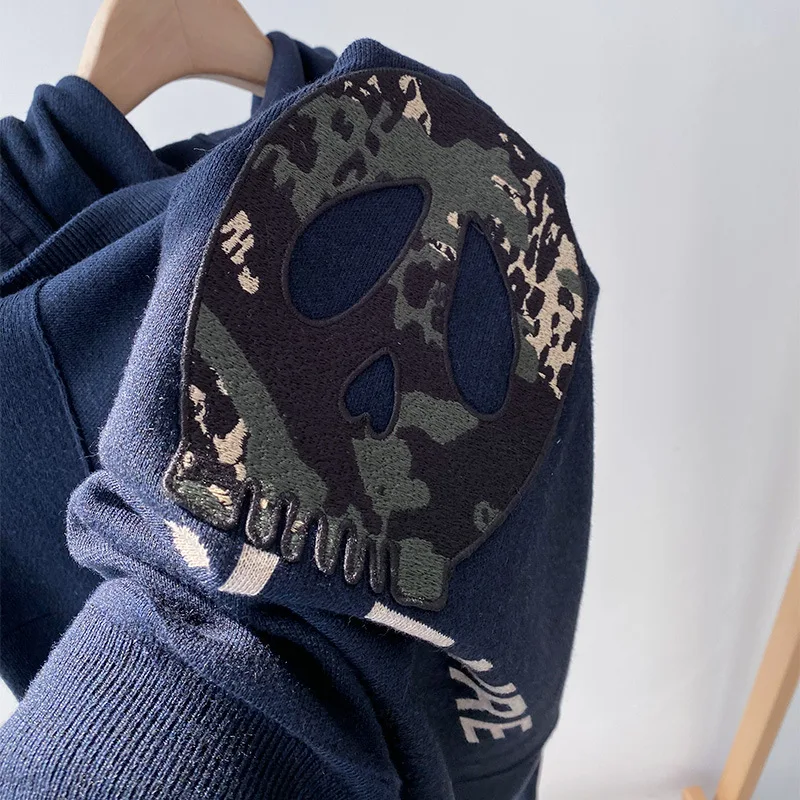 

100% Cotton Women Hoodie Dark Blue Back Skull Patch Hooded Sweatshirt Women Loose Knit Jacket