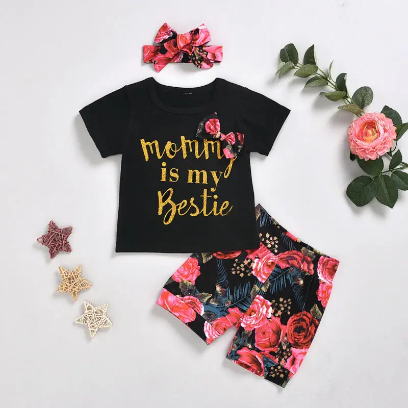 

3PCS Toddler Kid Baby Girls Bowknot Short Sleeve Letter Tops + Floral Shorts Pants + Headband Outfits