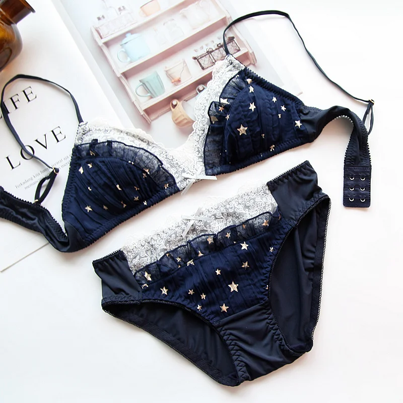 navy Япония Bling Stars чистая выдалбливают сексуальный комплект бюстгальтера для женщин кружевное Прозрачное нижнее белье без проволоки сладкий лук пуш-ап бюстгальтер нижнее белье - Цвет: navy