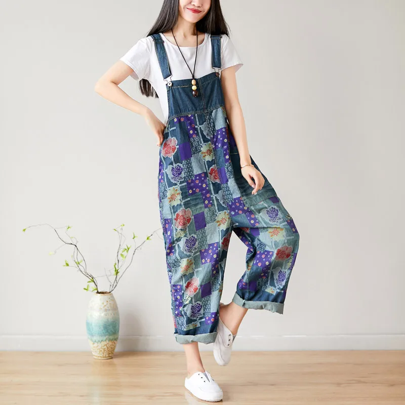 Женский джинсовый комбинезон с широкими штанинами винтажный рваный карманами