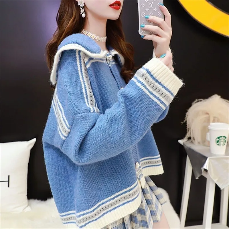 

Navy Collar Sweater Coat Women's 2020 Autumn and Winter New Loose Lazy Korean Style Sweet College Style Knitted Cardigan Tide