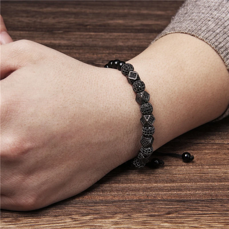 

High Quality Braided Bracelet Natural Stone Beads Bracelet Fashion Round Micro Pave CZ Beads Adjustable Bracelet Men Jewelry