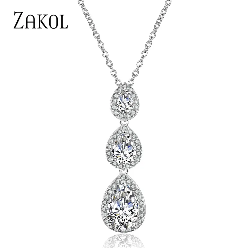 ZAKOL Новая мода 3 шт. в форме капли воды CZ циркония кристалл кулон ожерелье для элегантных женщин невесты свадебные украшения FSNP2077