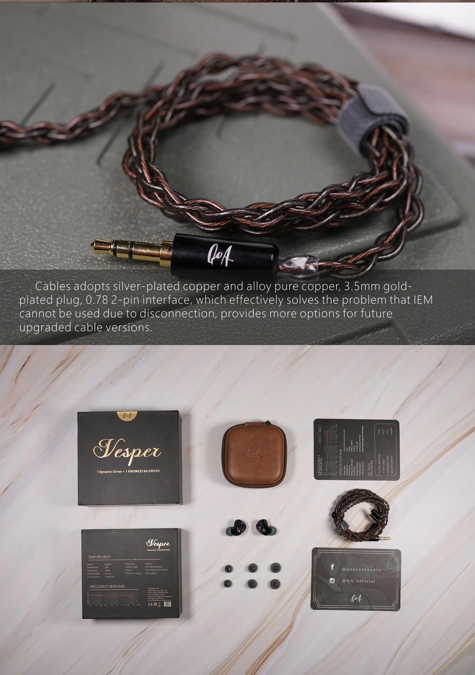 Внутриканальные наушники QOA Vesper IEM 1BA + 1DD гибридная гарнитура с драйвером