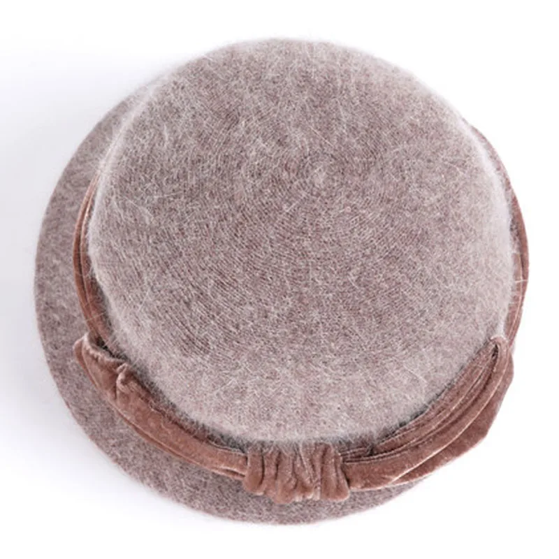 Khaki Cap Only Для женщин шерсти кроличий мех трикотажная шапка Федора модные Винтаж шляпа с широкими полями Женская зимняя обувь Шапки вырезом теплая шапка с шарфом - Цвет: Khaki Cap Only