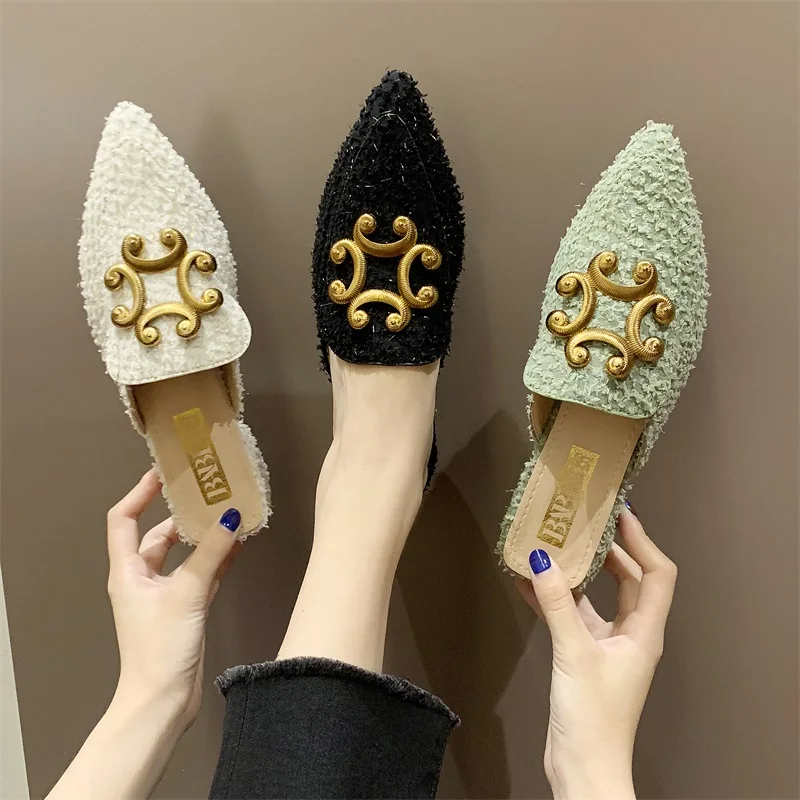

New Winter Clear Ladies Slippers Faux Fur Mules Slides Slippers Women Shoes Bow Knot Pointed Toe Square Mid Heels Shoes Woman