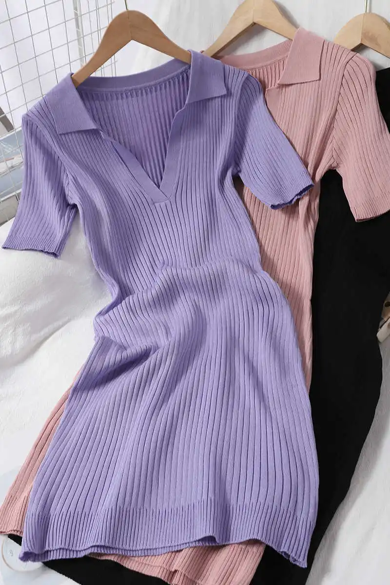 

Fashionable and versatile solid color age reducing small Lapel dress Student Korean version shows thin and fresh buttock knitted