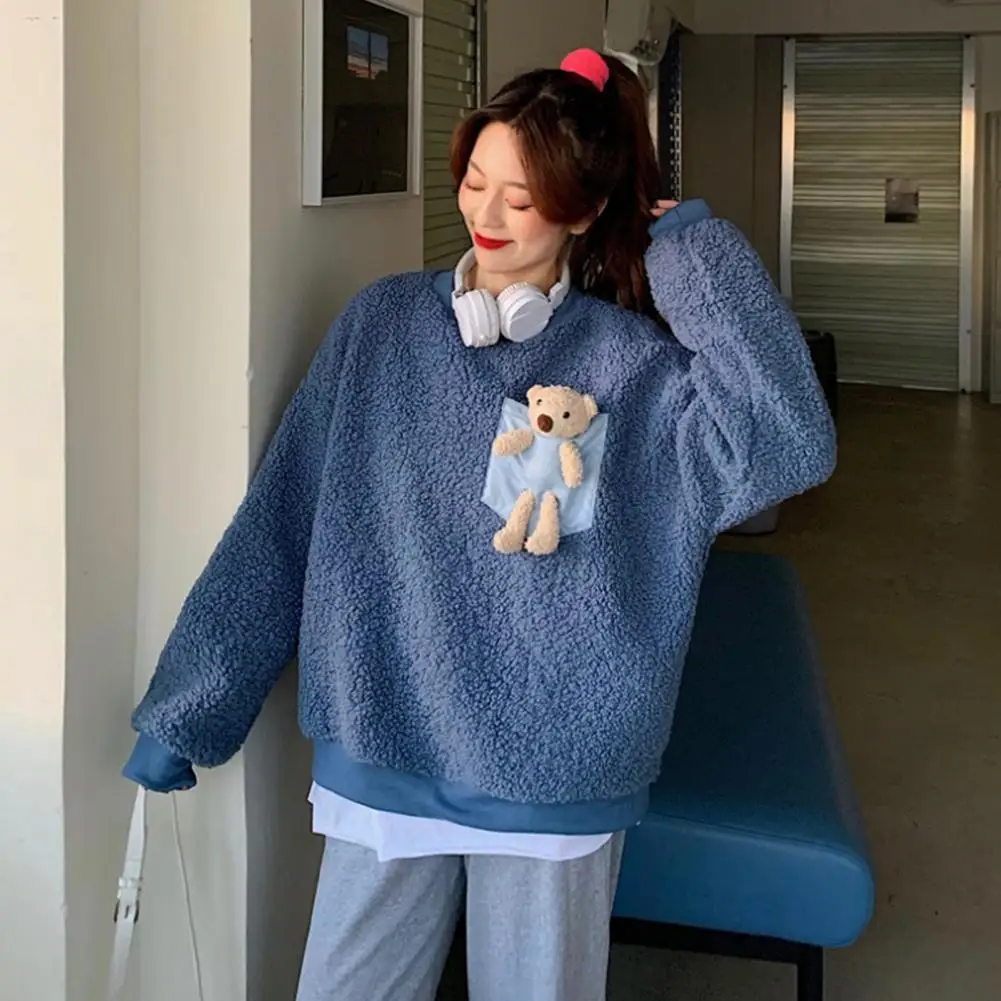 

Women Autumn Winter Long Sleeve Faux Fleece Sweatshirt Cute Bear Blouse Pullover