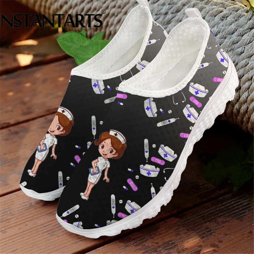 

INSTANTARTS Cartoon Nurse Pattern Women Slip-on Flat Shoes Nurse Theme Lady Mesh Sneaker Lightweight Soft Loafers Footwear 2020