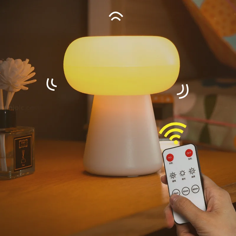 

Mushroom Night Lights 3 Light Colors Stepless Dimming Remote USB Charging Timing Clock For Home Bedside Decoration Desk Lamp