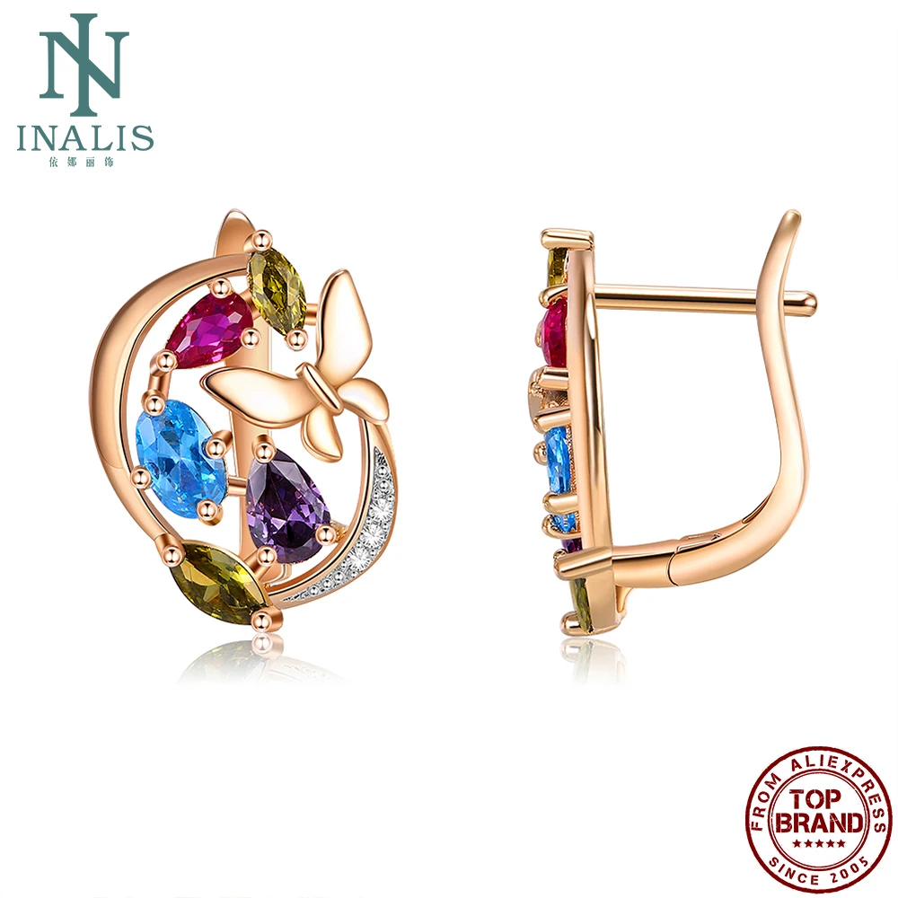 

INALIS Butterfly Earrings For Women 4 Color CZ Rose Gold Stud Earrings Fashion Jewelry Romantic Anniversary Gift To Girlfriend