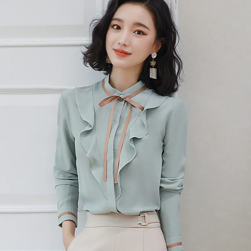 Светильник Синяя Женская рубашка осень 2019 Ретро стиль длинный рукав стоячий