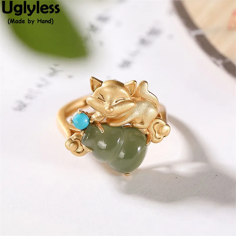 

Uglyless Creative Squirrel Animals Jewelry for Women Nature Jade Gourd Rings Gold 925 Silver Animals Rings Turquoise Bijoux Gems