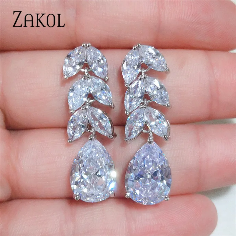 ZAKOL Модные женские висячие серьги с фианитами в виде листьев для женщин блестящие