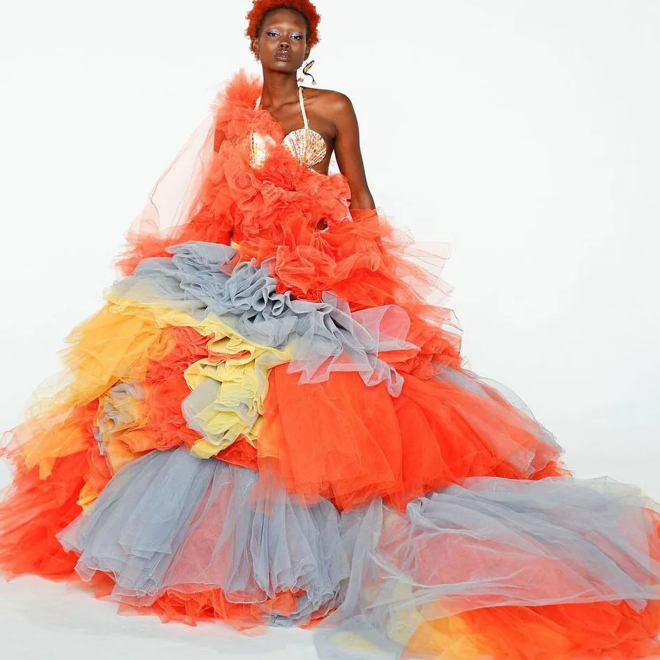 

Candy Color Prom Dress One-Shoulder Asymmetrical Contrast Color See-Through Ball Gown Layered Tulle Evening Gown New fashion