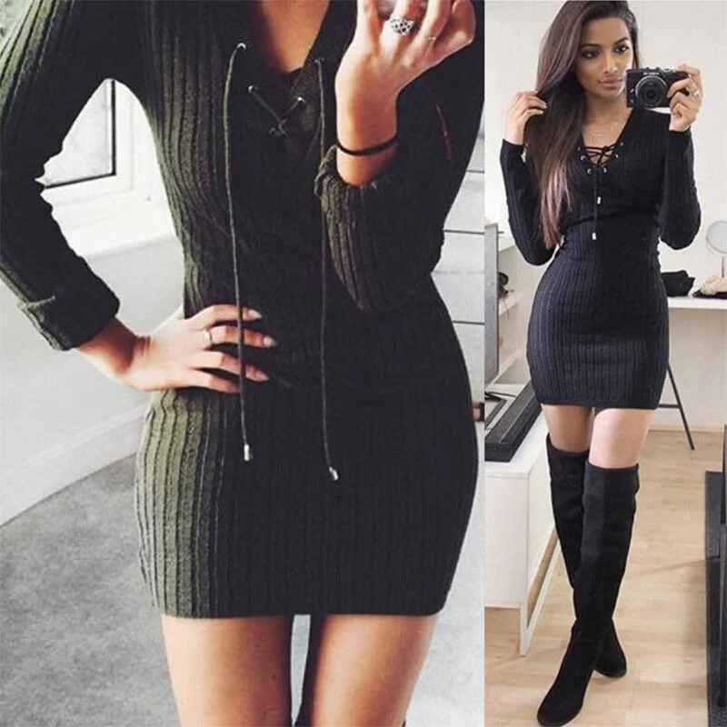 

Women Lace Up V Neck Knitted Bodycon Jumper Dress Lady Winter Party Mini Dresses