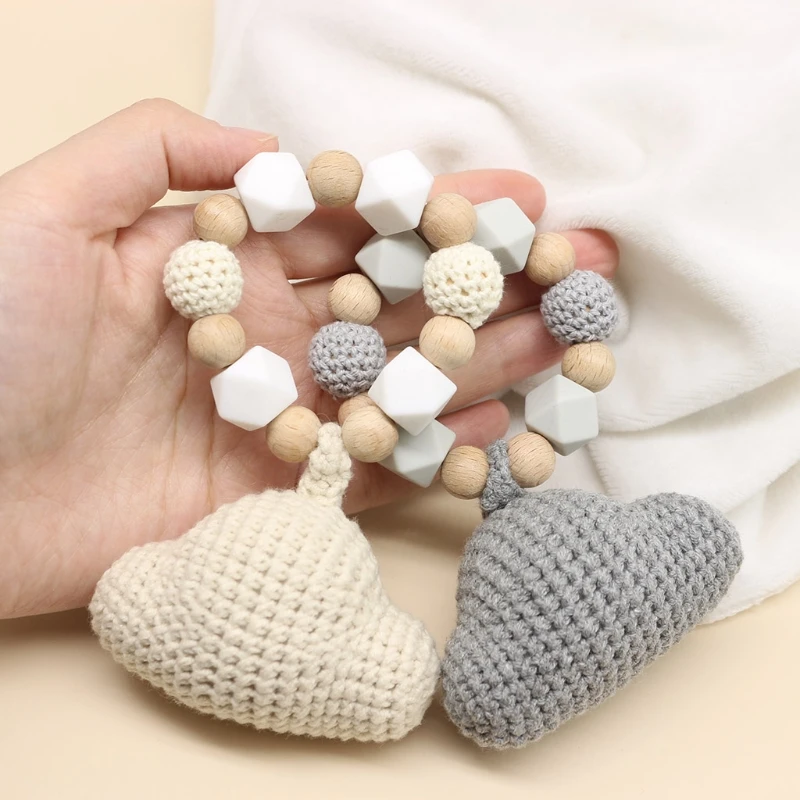 

Baby Beech Wooden Silicone Beads Bracelet Rattle Crochet Clouds Teether Infants Teething Soother Molar Toys Shower Gifts