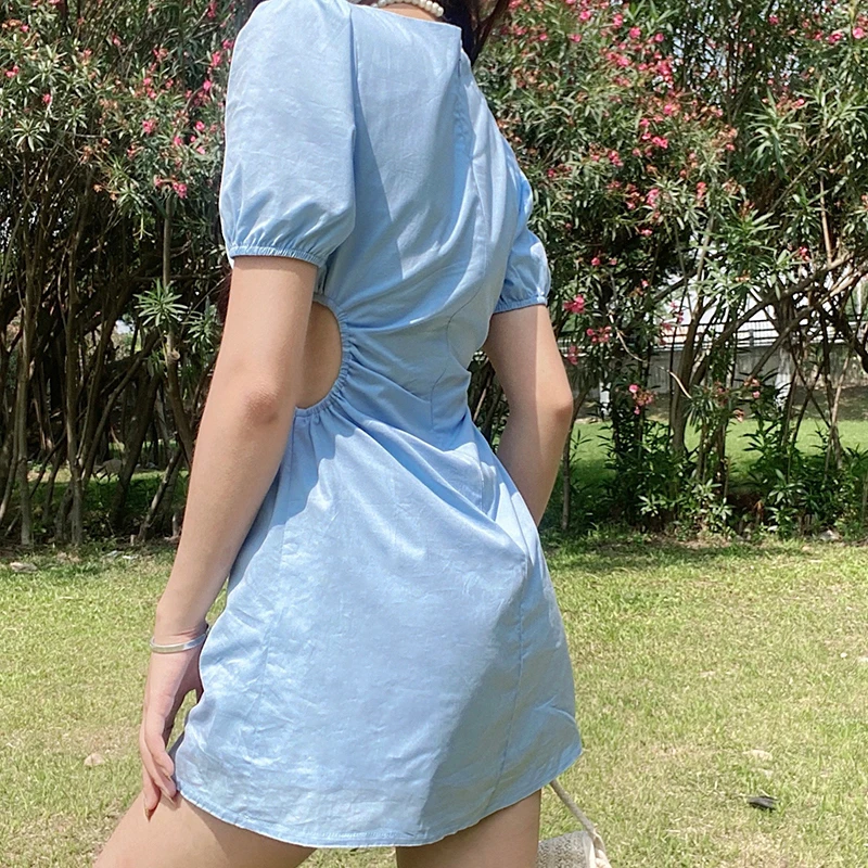 

IAMSURE Hollow Out Solid Summer Dress Vintage French Style Sexy Slim Square Collar Short Puff Sleeve Dresses For Women 2021 90S