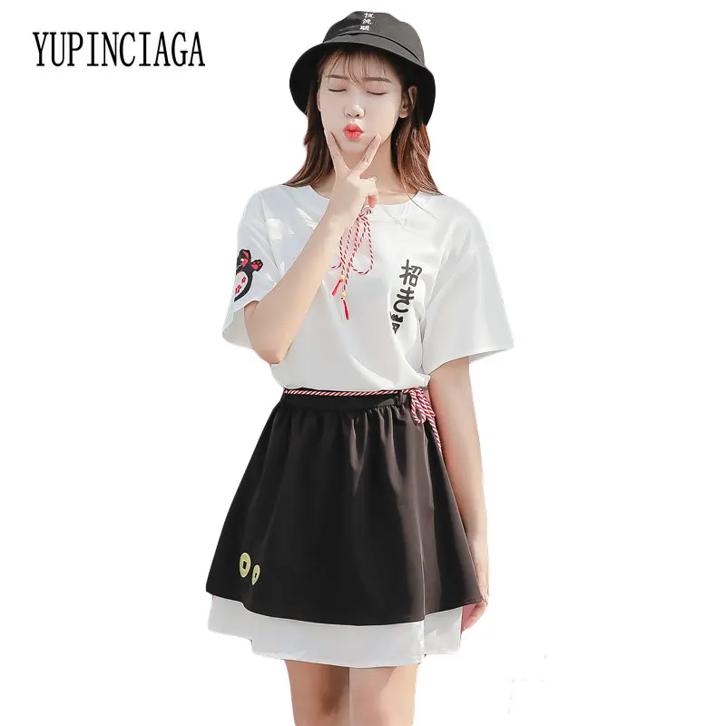 

Женский комплект из 2 предметов YUPINCIAGA, хлопковая Футболка и мини-юбка в японском стиле в стиле мори, юбка на шнуровке с эластичной талией и вы...