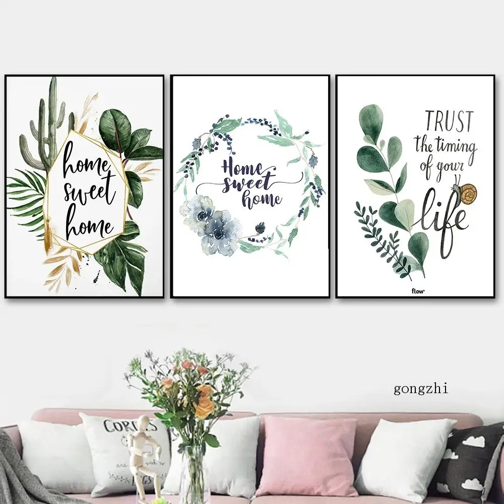 

Sweet Home Quote Nordic Posters Watercolor Plant Flower Canvas Painting and Prints Family Wall Art Pictures Living Room Decor
