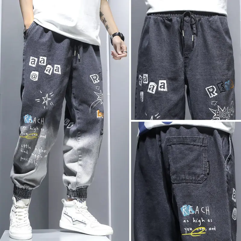 Graffiti Printing Jeans Men's Gradient Hip Hop Trousers Harem Cartoon Loose Casual Ankle Banded Pants Cargo Denim Jeans for Men