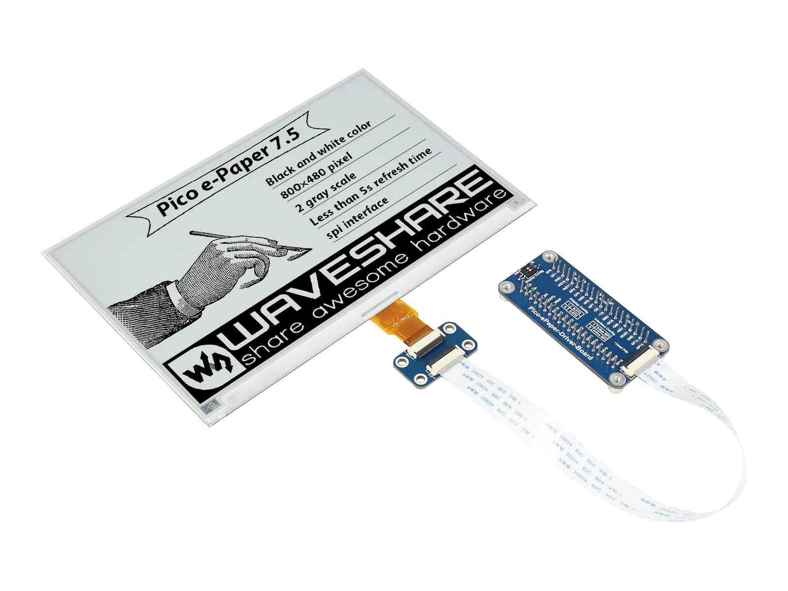

Waveshare 7.5inch E-Paper E-Ink Display Module For Raspberry Pi Pico, 800×480 Pixels, Black / White, SPI Interface