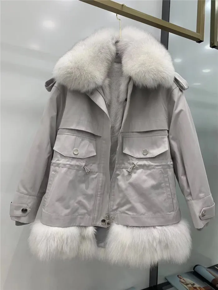 grey with white Женские Новые парки шуба из натурального Лисьего меха теплая Толстая съемная меховая подкладка из натурального меха лисы женская зимняя куртка - Цвет: grey with white